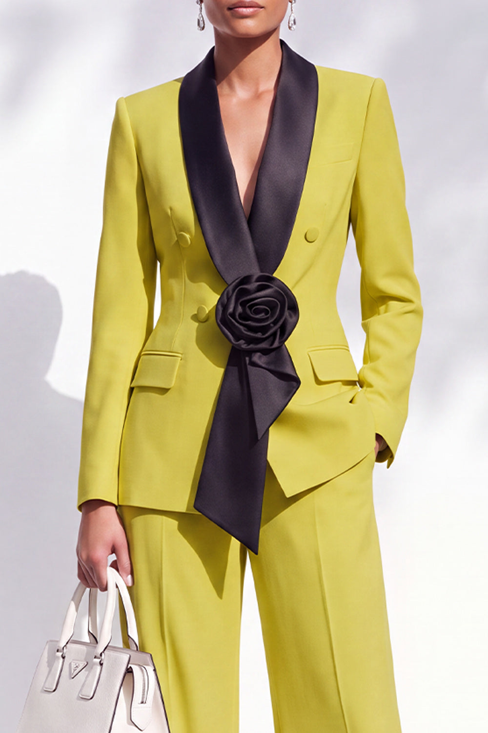 Blue Double Breasted Shawl Lapel 2 Piece Work Suits with 3D Flower