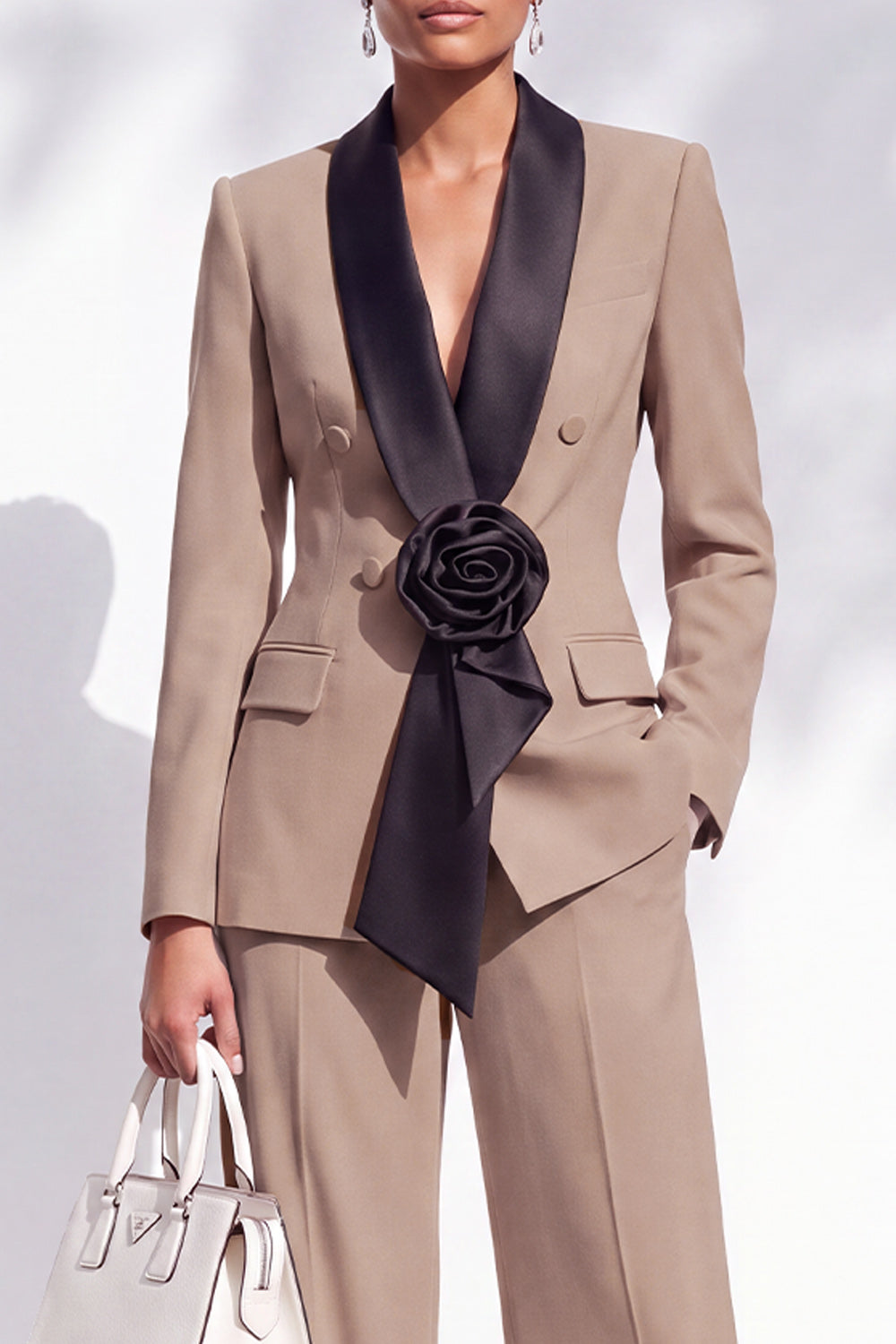 Blue Double Breasted Shawl Lapel 2 Piece Work Suits with 3D Flower