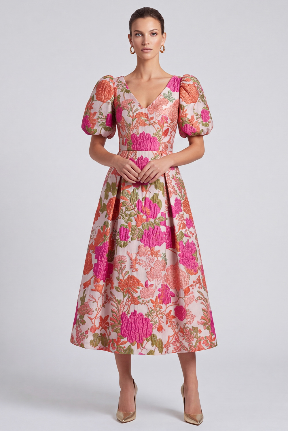 Floral Pink A Line V-Neck Puff Sleeves Midi Wedding Guest Dress