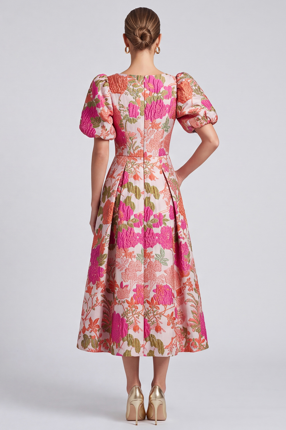 Floral Pink A Line V-Neck Puff Sleeves Midi Wedding Guest Dress