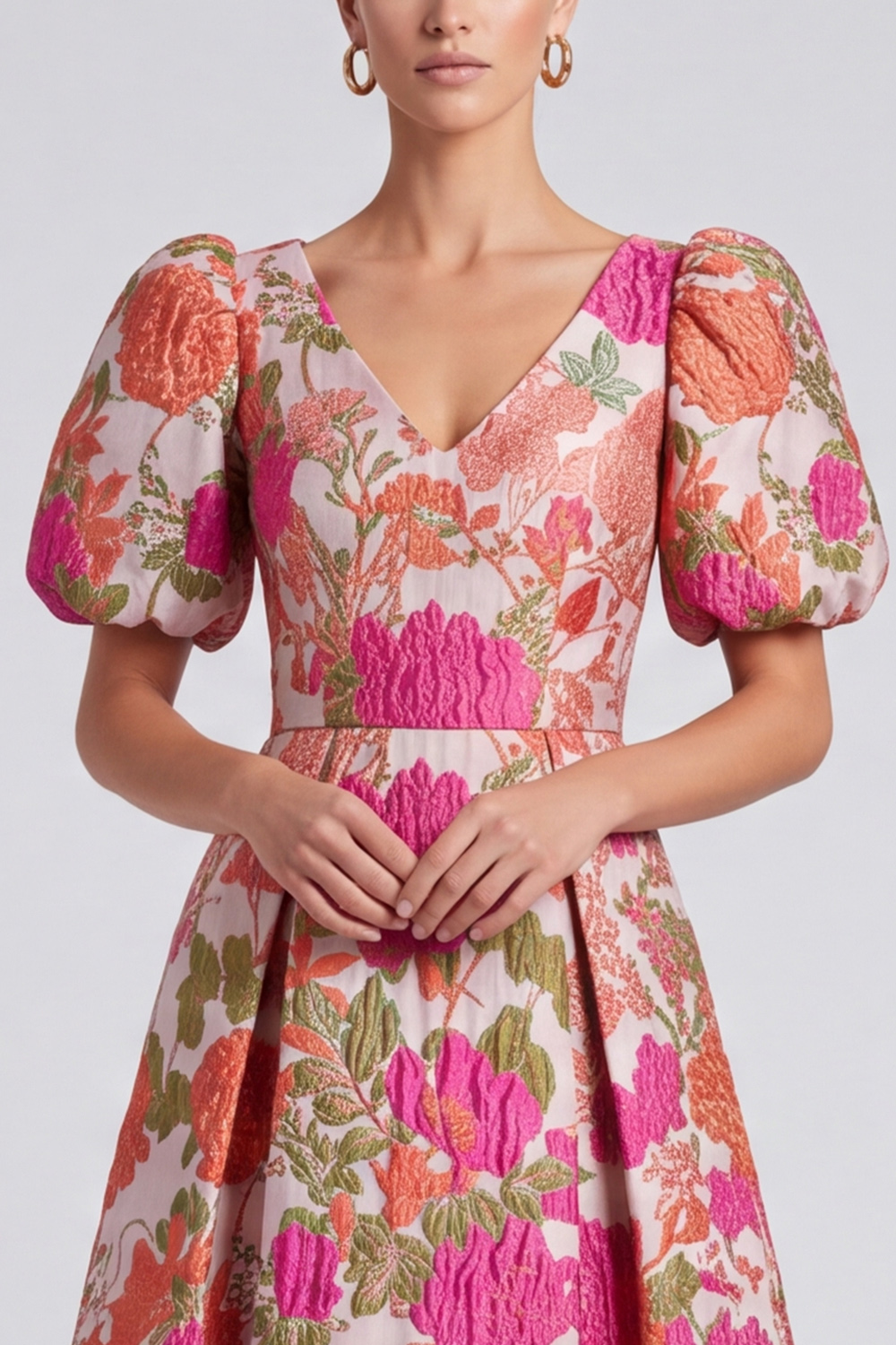 Floral Pink A Line V-Neck Puff Sleeves Midi Wedding Guest Dress