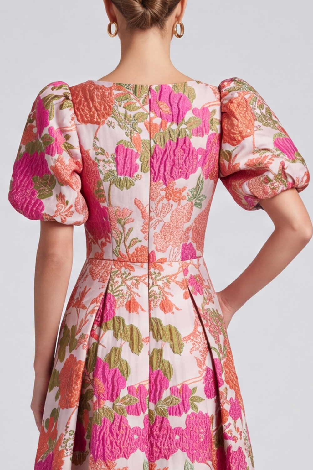 Floral Pink A Line V-Neck Puff Sleeves Midi Wedding Guest Dress