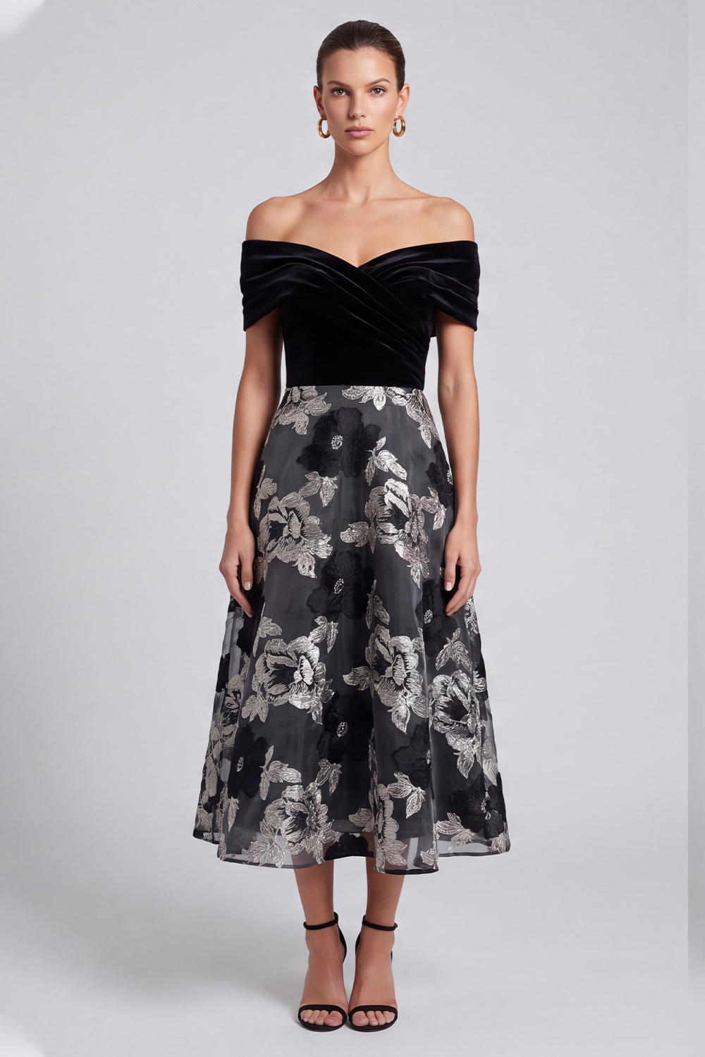Black A-Line Off the Shoulder Velvet Floral Midi Holiday Party Dress