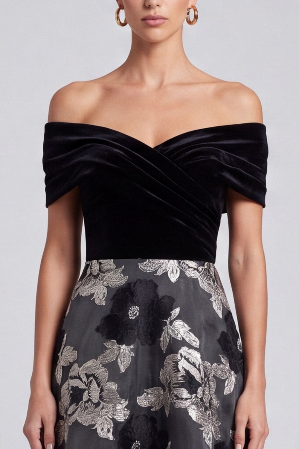 Black A-Line Off the Shoulder Velvet Floral Midi Holiday Party Dress