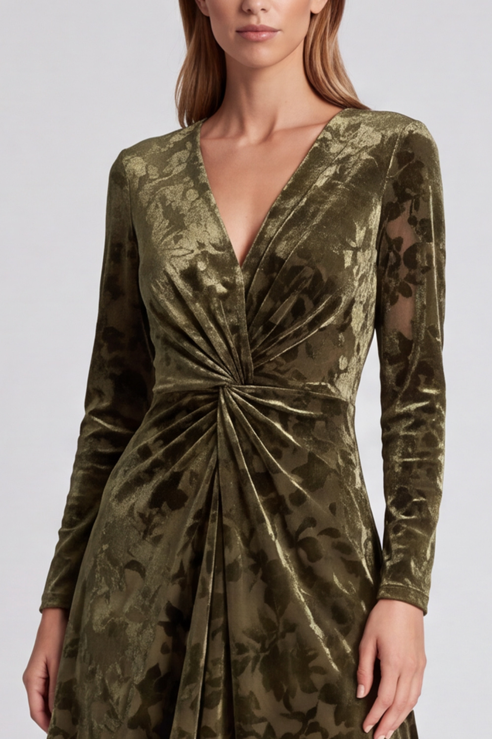 Olive Velvet V-Neck Ruched Midi Holiday Party Dress