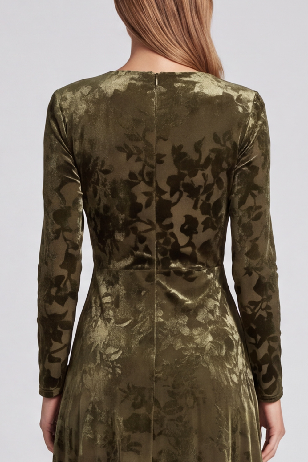 Olive Velvet V-Neck Ruched Midi Holiday Party Dress