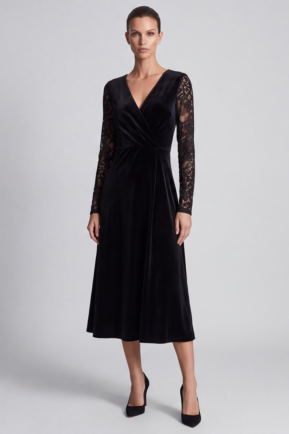 Velvet Black A Line Ruched V-Neck Midi Work Dress with Lace