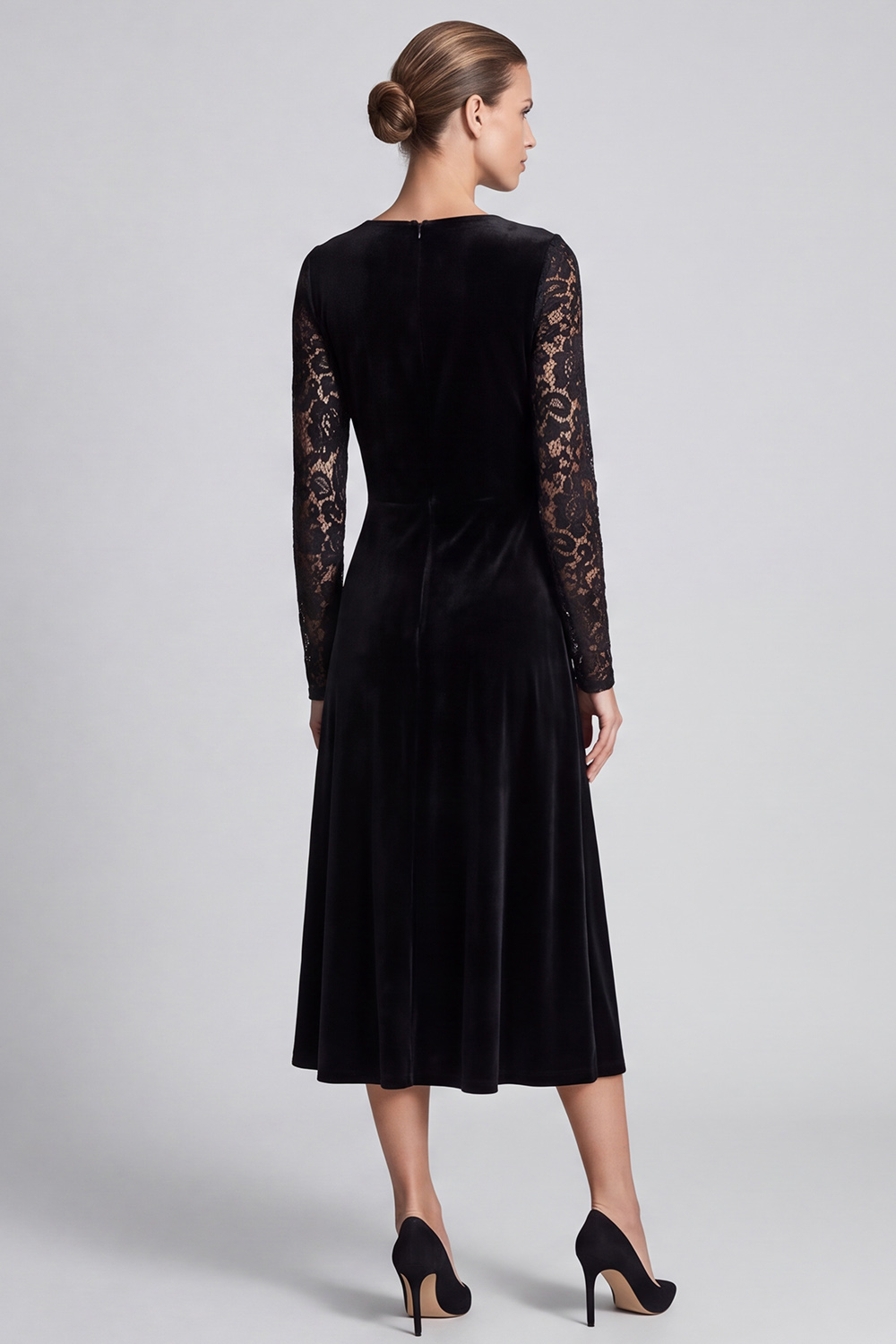 Velvet Black A Line Ruched V-Neck Midi Work Dress with Lace