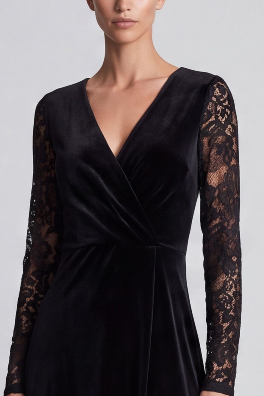 Velvet Black A Line Ruched V-Neck Midi Work Dress with Lace