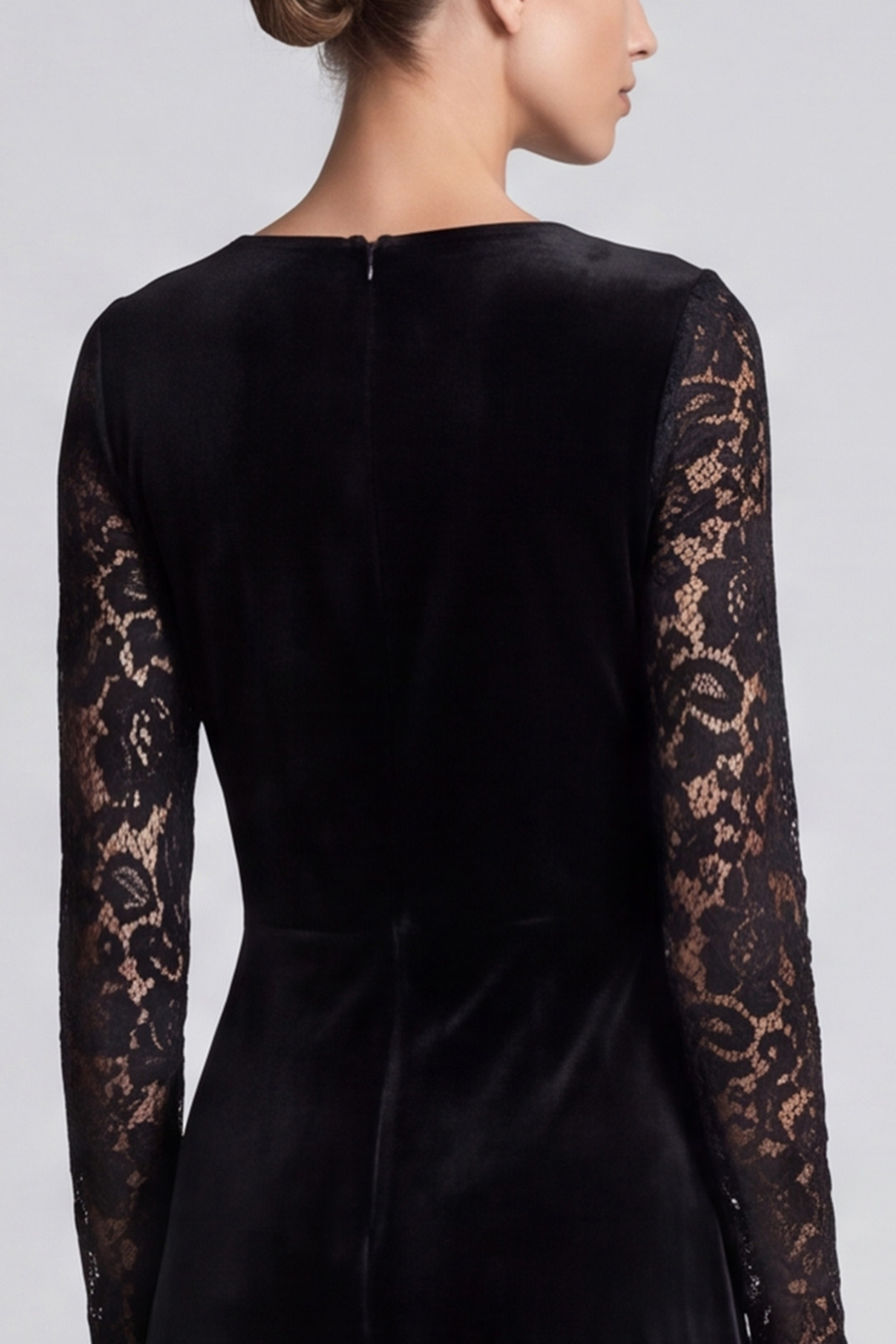 Velvet Black A Line Ruched V-Neck Midi Work Dress with Lace