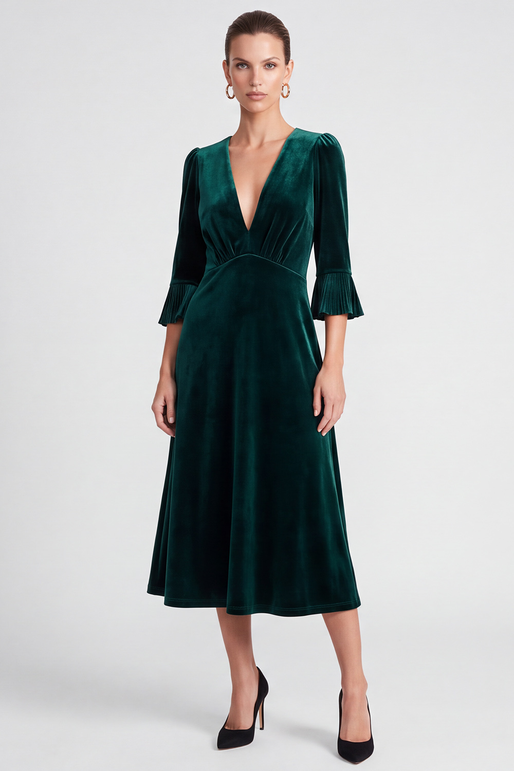 Velvet Dark Green A Line Flare Sleeves V-Neck Midi Work Dress