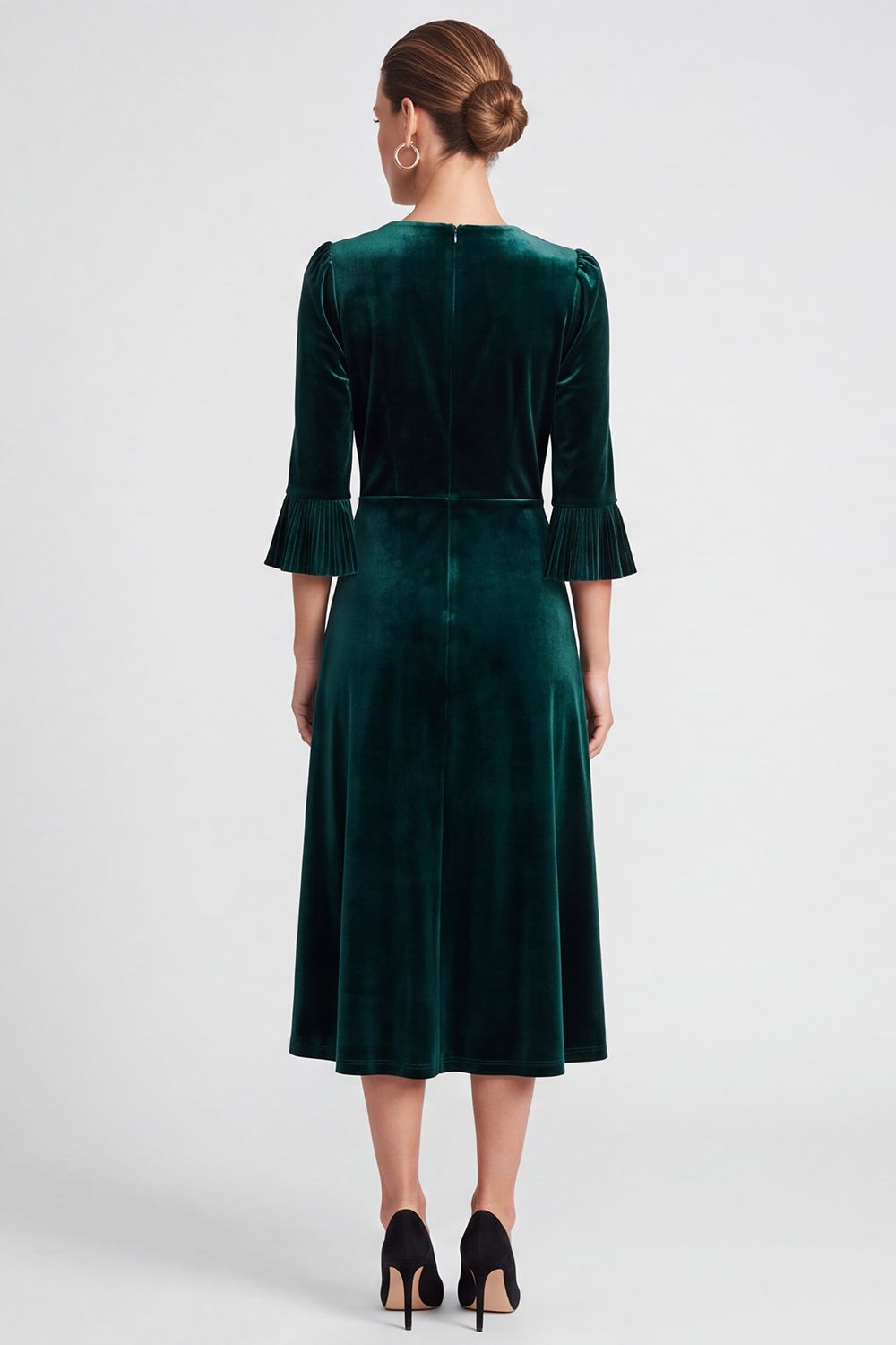 Velvet Dark Green A Line Flare Sleeves V-Neck Midi Work Dress