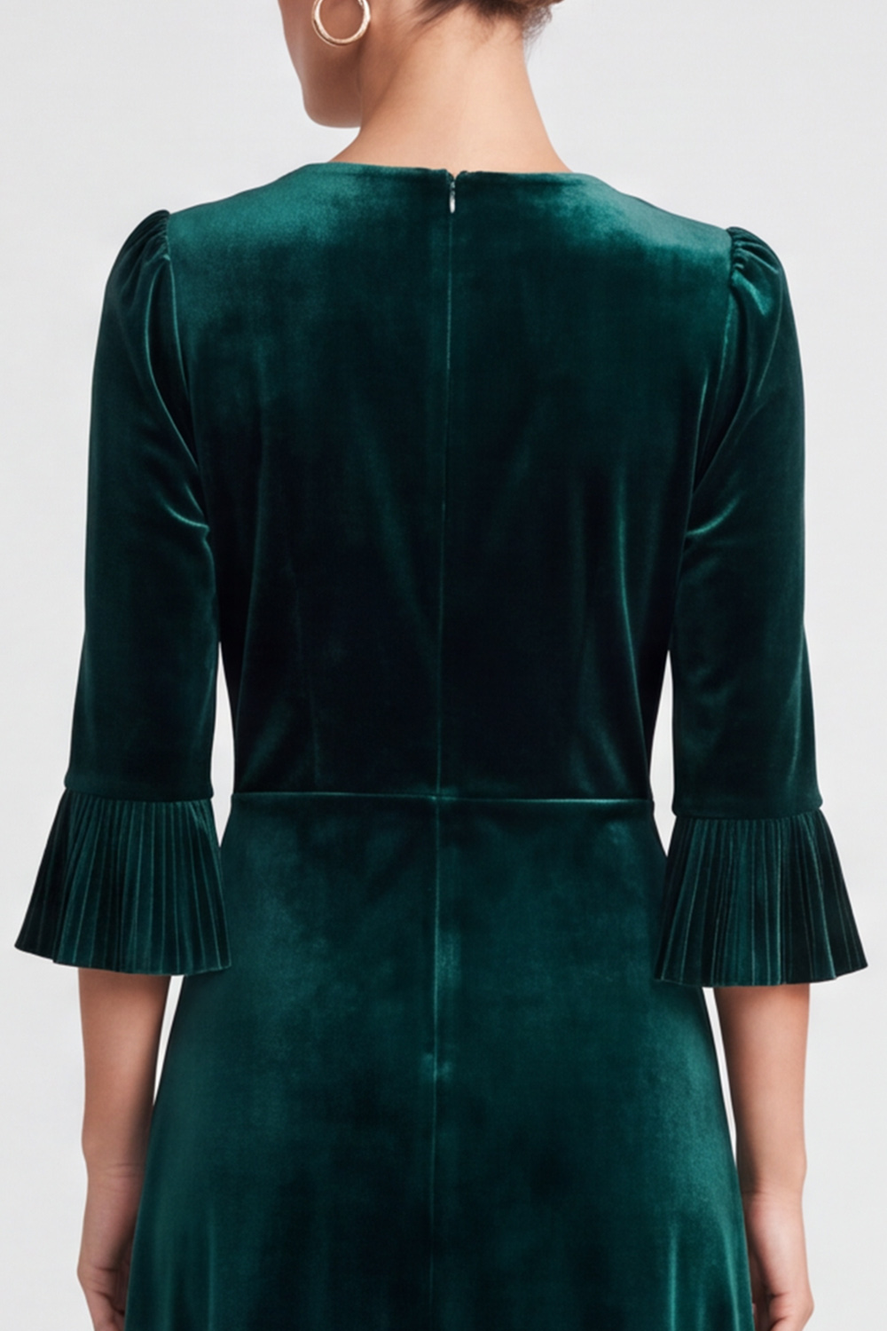 Velvet Dark Green A Line Flare Sleeves V-Neck Midi Work Dress