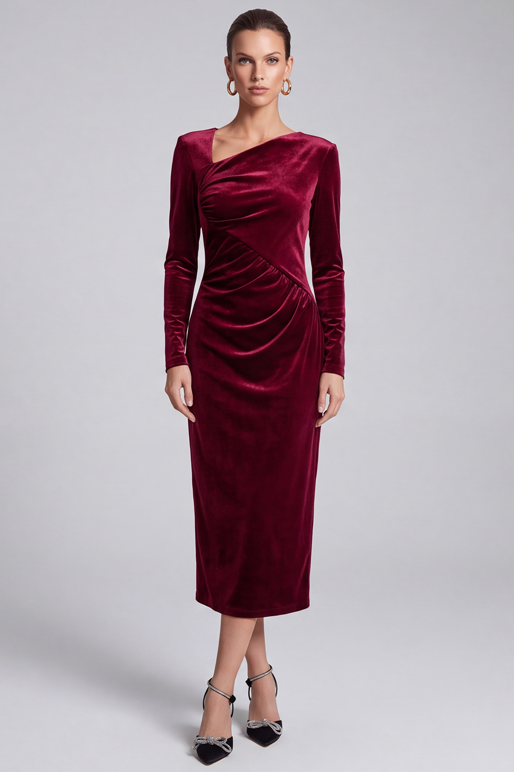Burgundy Ruched Velvet Sheath Asymmetrical Neck Midi Work Dress with Sleeves