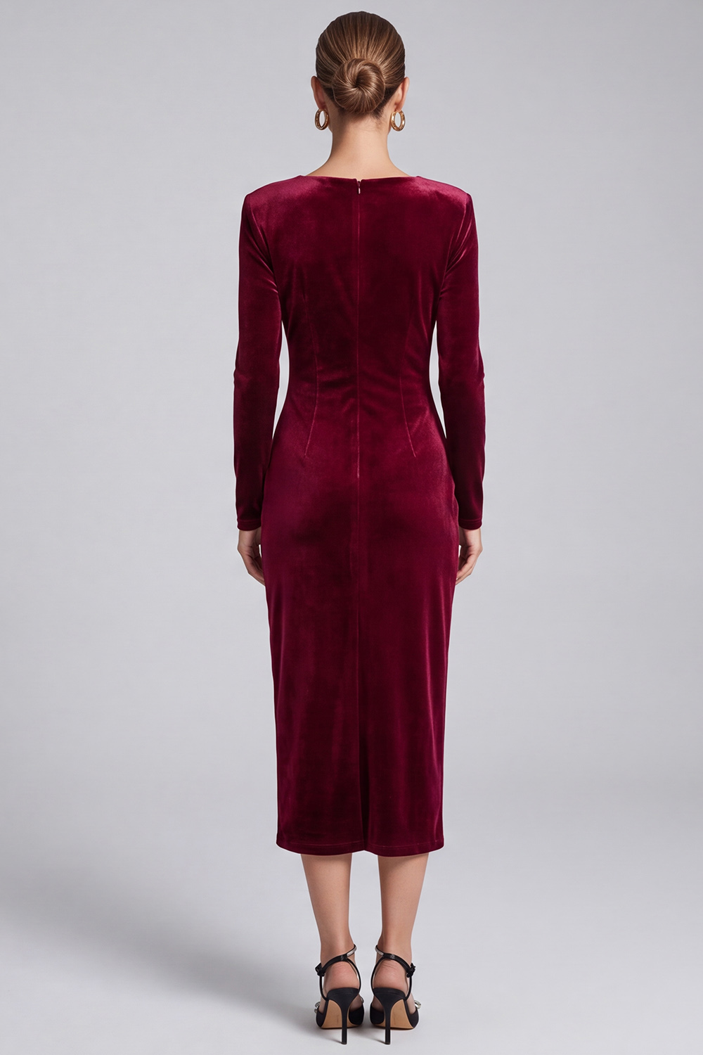 Burgundy Ruched Velvet Sheath Asymmetrical Neck Midi Work Dress with Sleeves