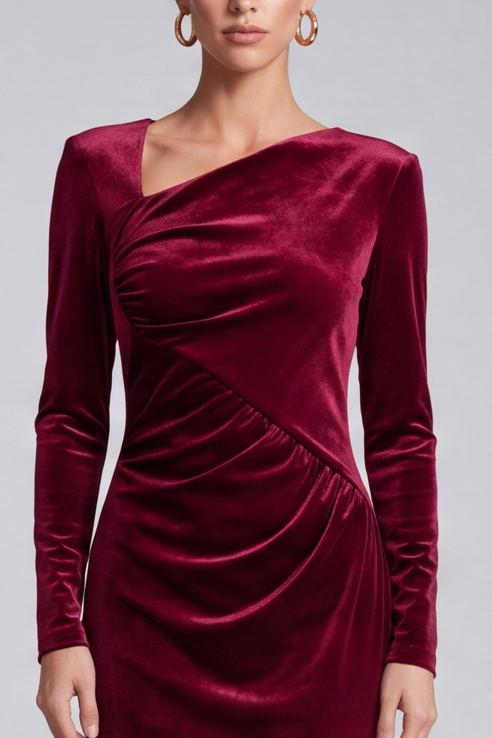 Burgundy Ruched Velvet Sheath Asymmetrical Neck Midi Work Dress with Sleeves