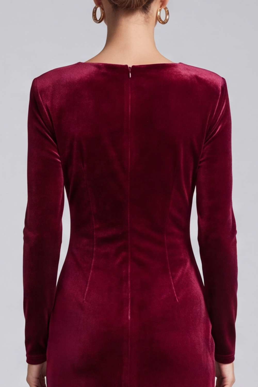 Burgundy Ruched Velvet Sheath Asymmetrical Neck Midi Work Dress with Sleeves