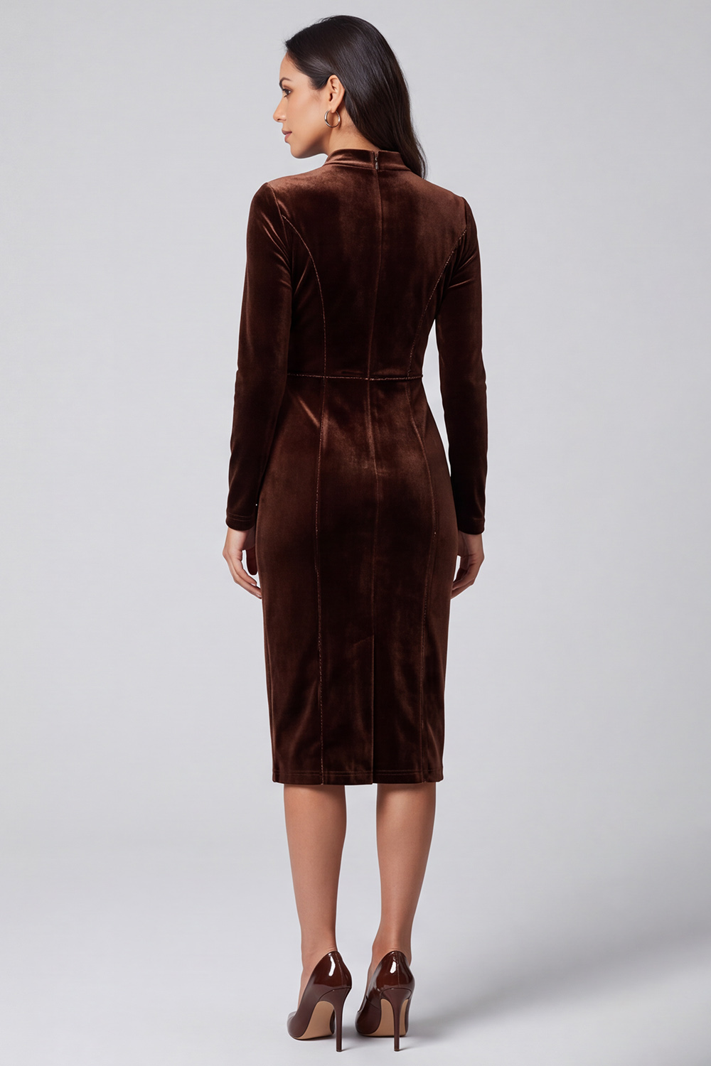 Dark Brown Tight Velvet High Neck Midi Work Dress with Sleeves 