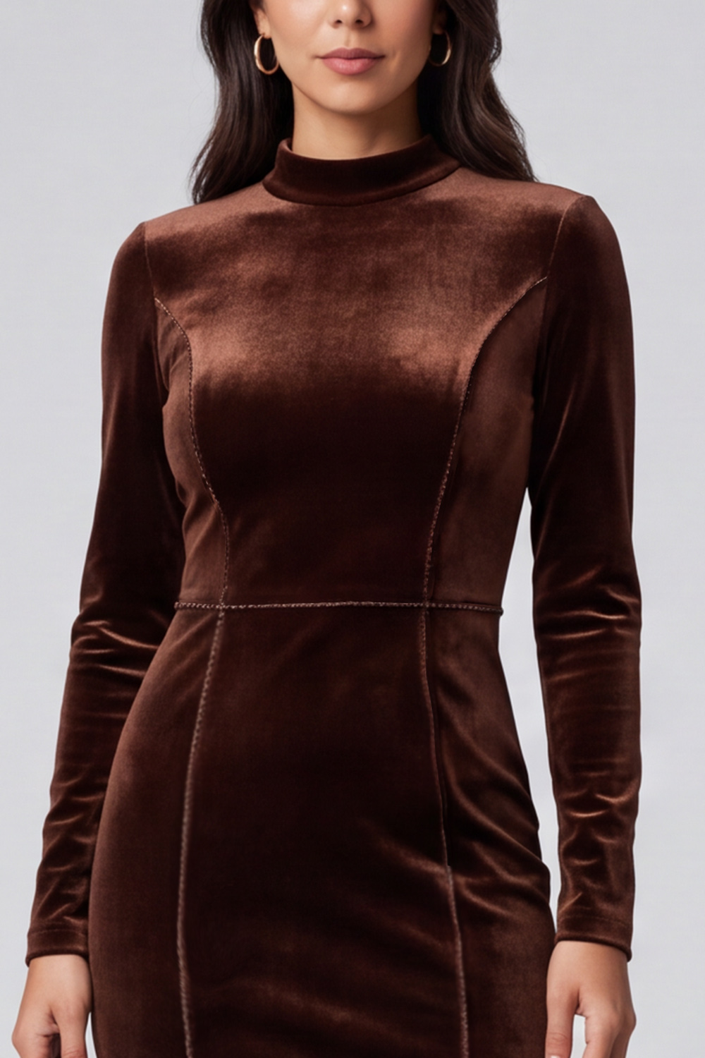 Dark Brown Tight Velvet High Neck Midi Work Dress with Sleeves 