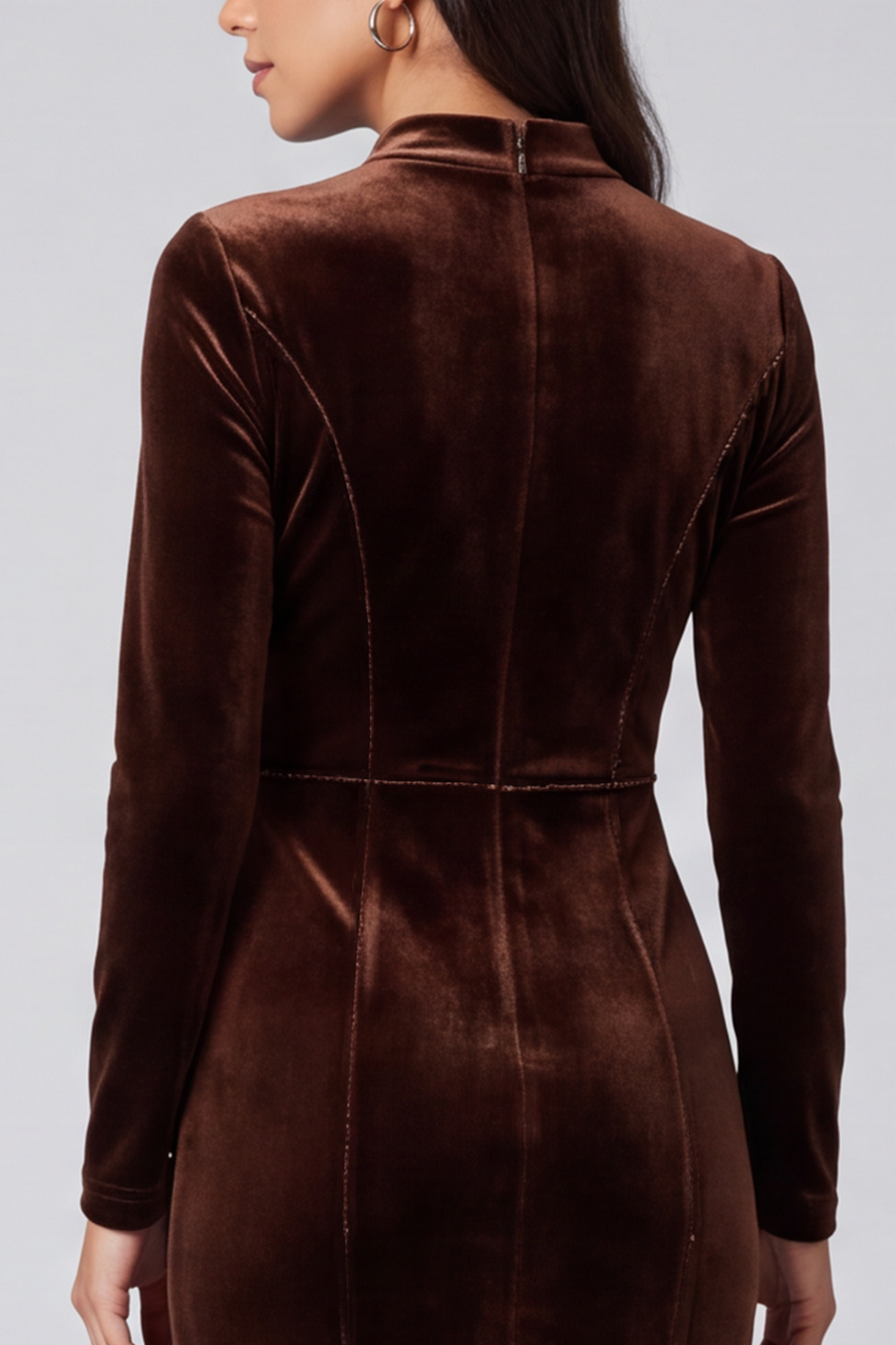 Dark Brown Tight Velvet High Neck Midi Work Dress with Sleeves 