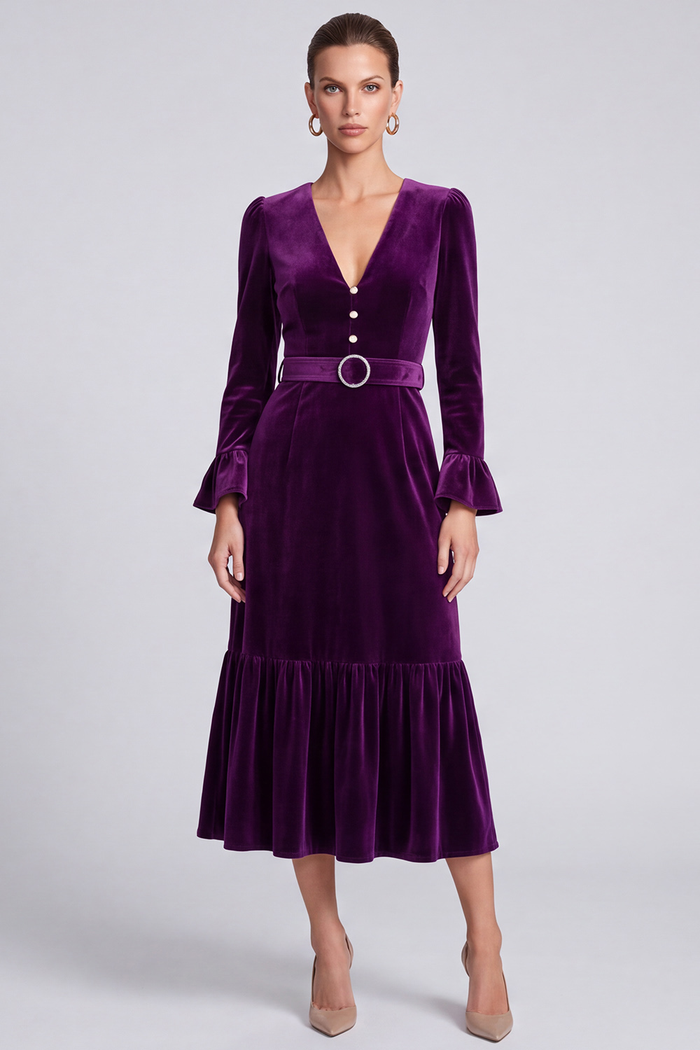 Velvet Plum A Line V-Neck Flare Sleeves Midi Work Dress with Belt