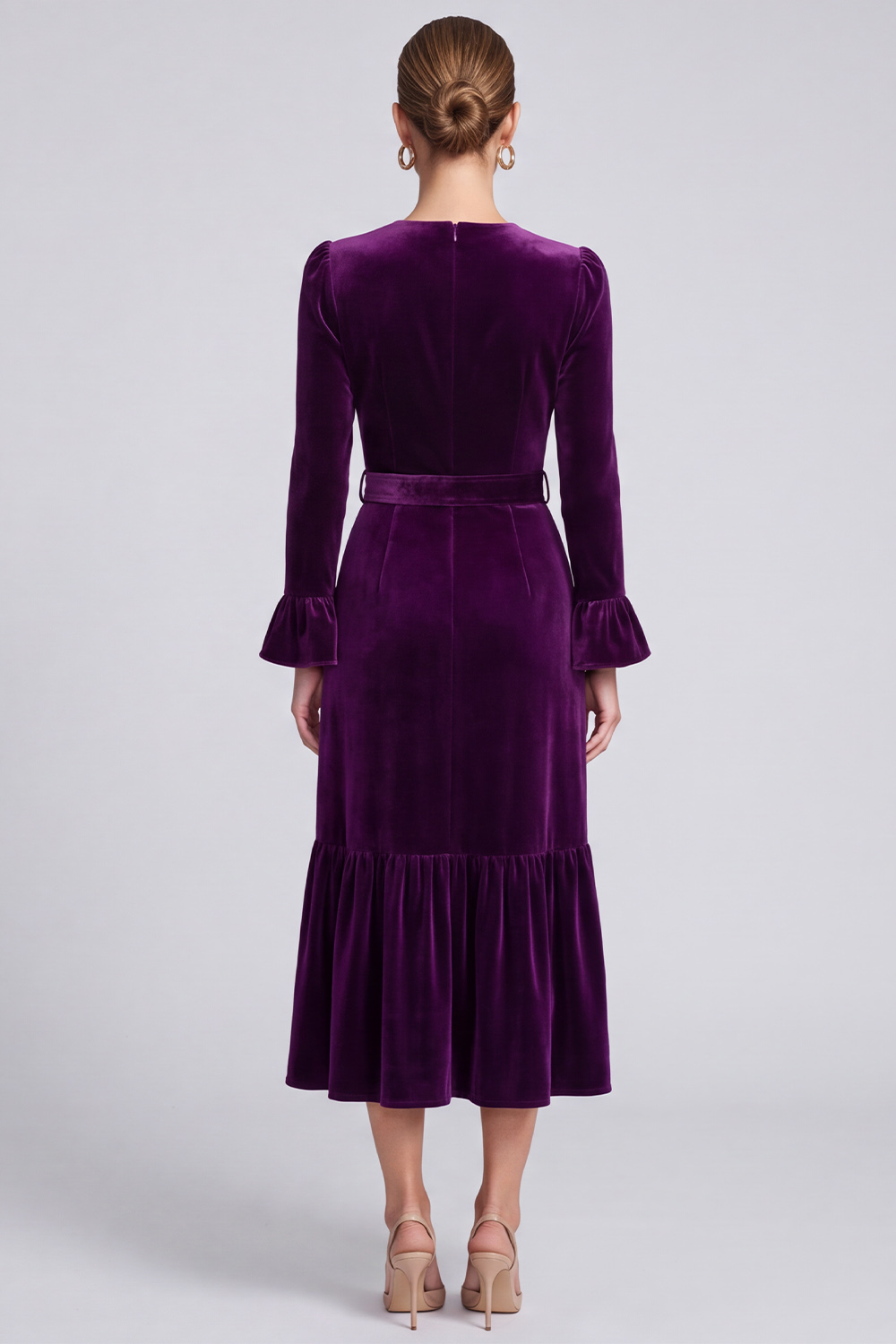 Velvet Plum A Line V-Neck Flare Sleeves Midi Work Dress with Belt