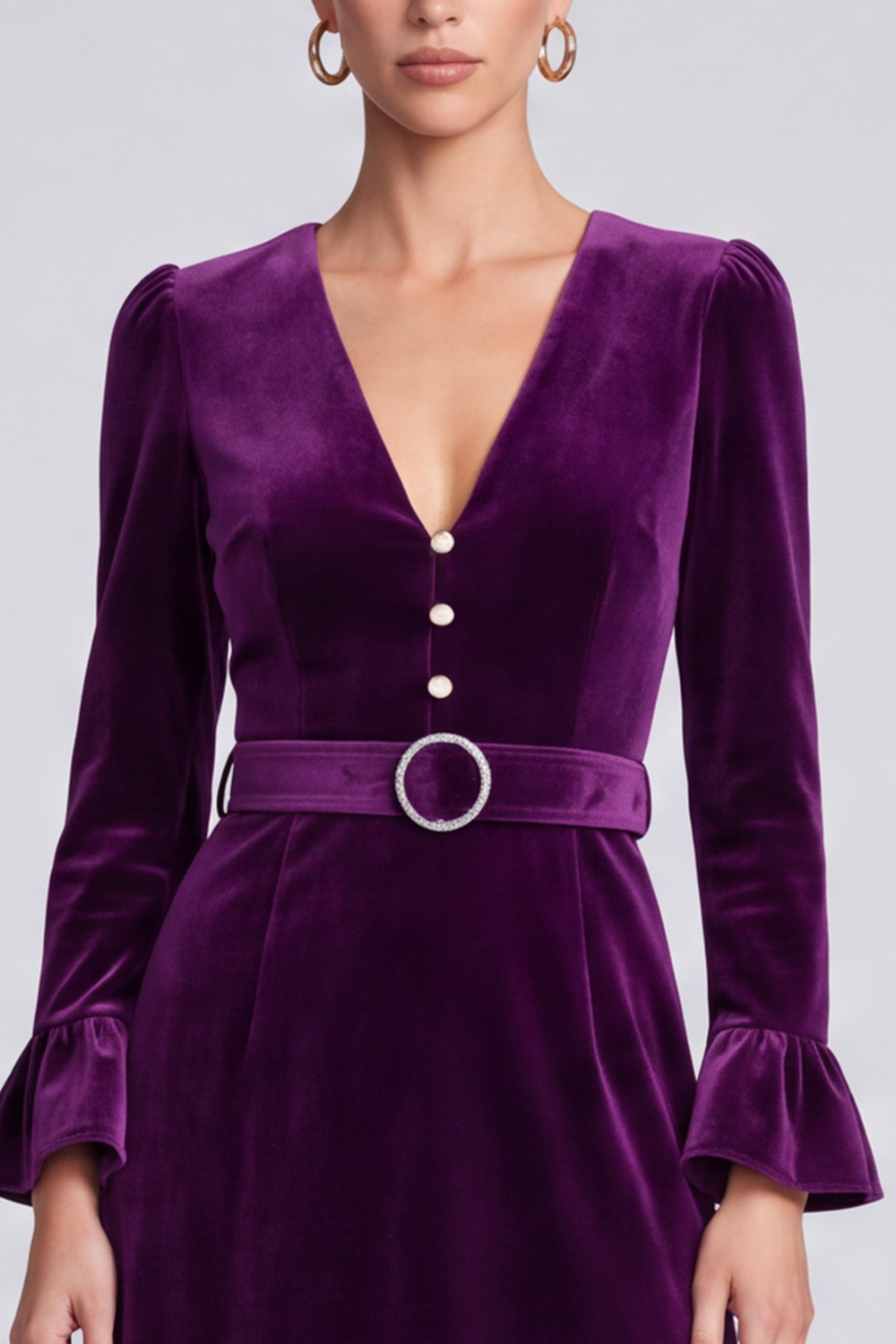 Velvet Plum A Line V-Neck Flare Sleeves Midi Work Dress with Belt