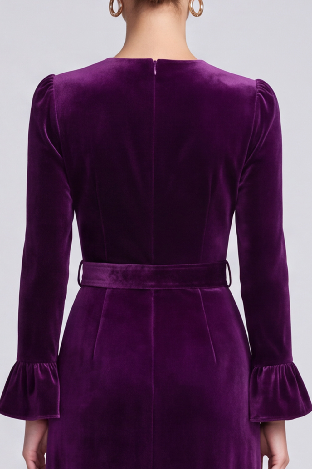 Velvet Plum A Line V-Neck Flare Sleeves Midi Work Dress with Belt