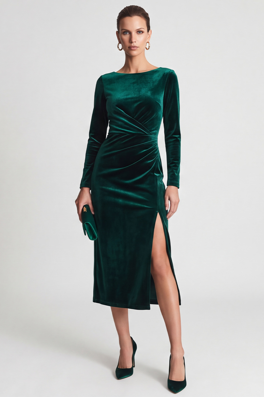 Sheath Dark Green Ruched Velvet Boat Neck Midi Work Dress with Slit