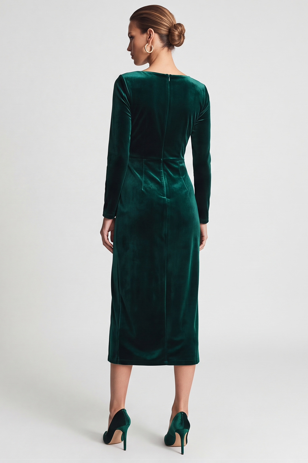 Sheath Dark Green Ruched Velvet Boat Neck Midi Work Dress with Slit