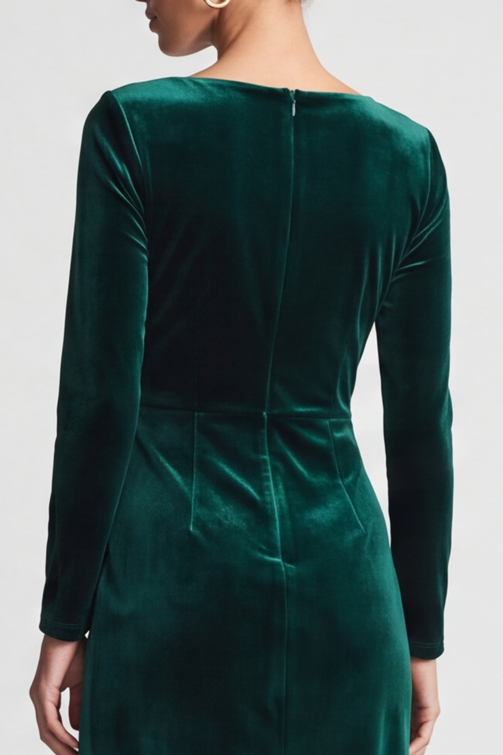Sheath Dark Green Ruched Velvet Boat Neck Midi Work Dress with Slit