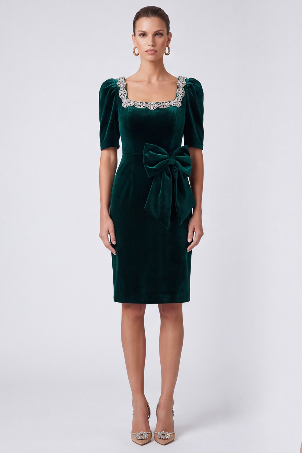 midi work holiday party dress Dresstells Women Sparkly Dark Green with Bow Velvet Sheath Square Neck Dress with Rhinestones Season 24SPRNG