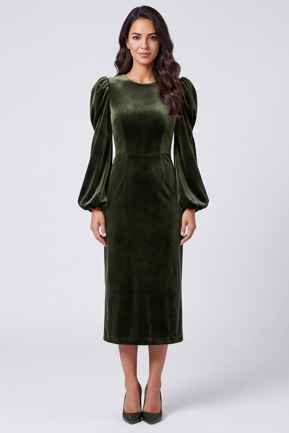 Sheath Olive Velvet Round Neck Puff Sleeves Midi Work Dress