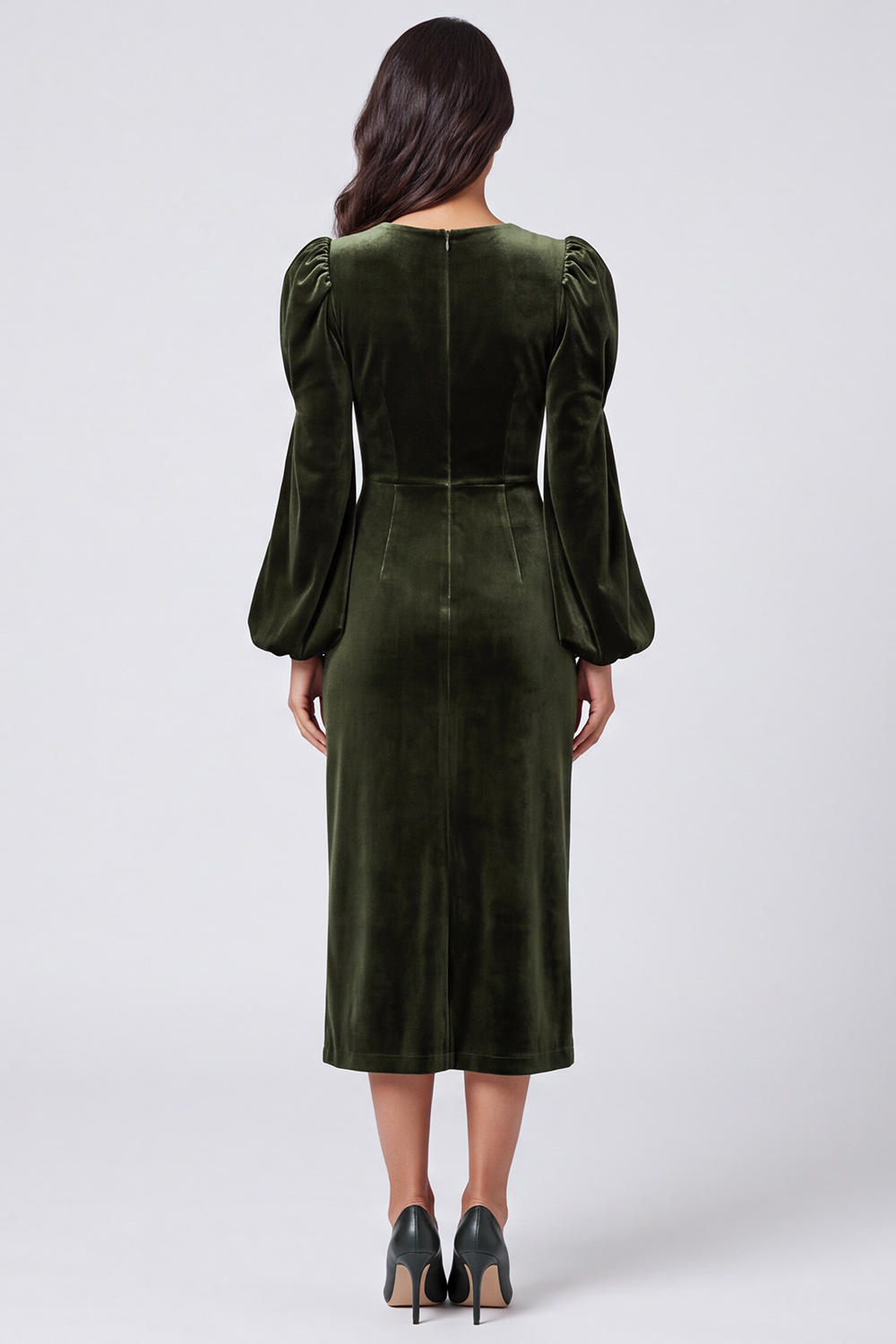 Sheath Olive Velvet Round Neck Puff Sleeves Midi Work Dress