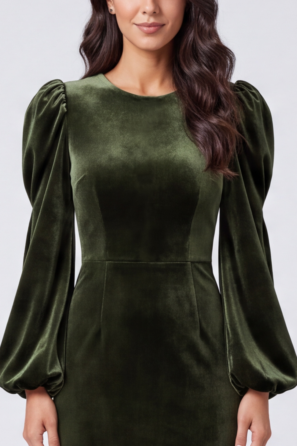 Sheath Olive Velvet Round Neck Puff Sleeves Midi Work Dress