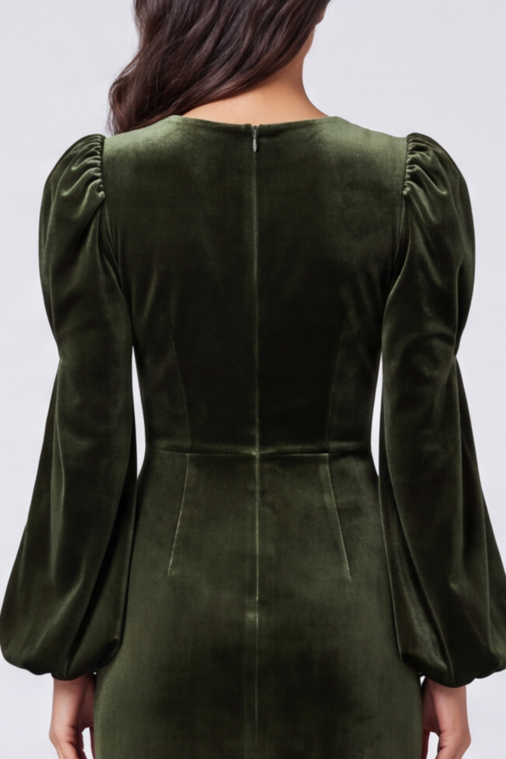 Sheath Olive Velvet Round Neck Puff Sleeves Midi Work Dress
