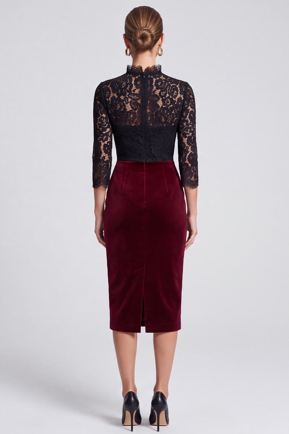 Sheath Black and Burgundy High Neck Midi Work Dress with Lace