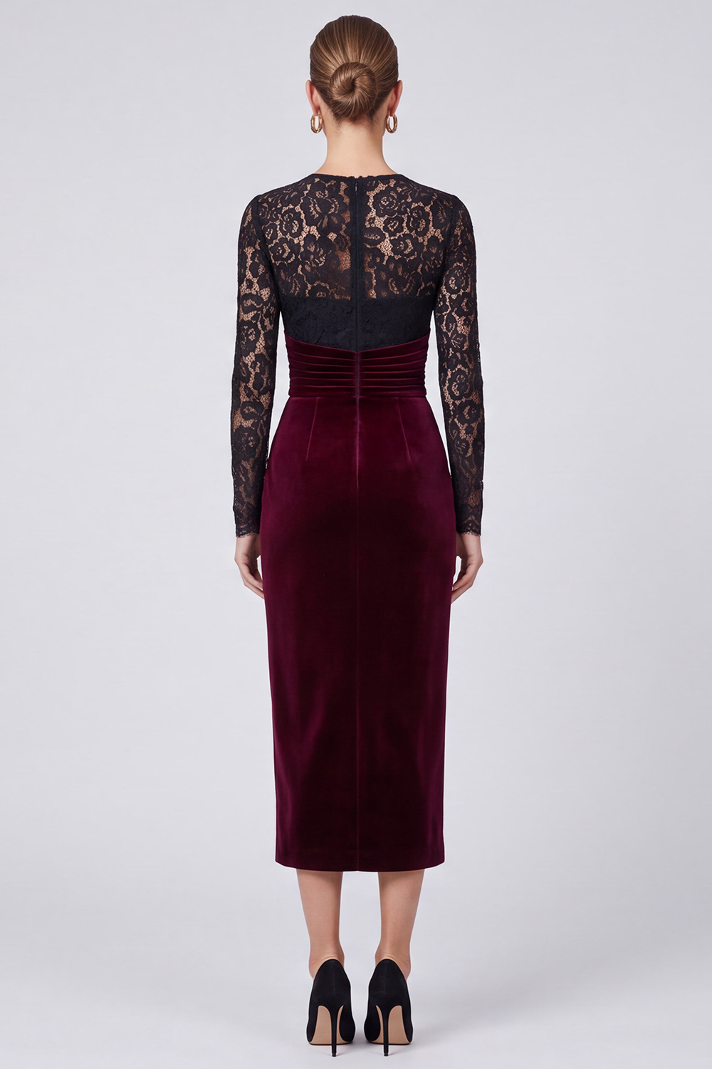 Velvet Black and Burgundy Ruched Sheath V-Neck High-Low Evening Dress with Lace