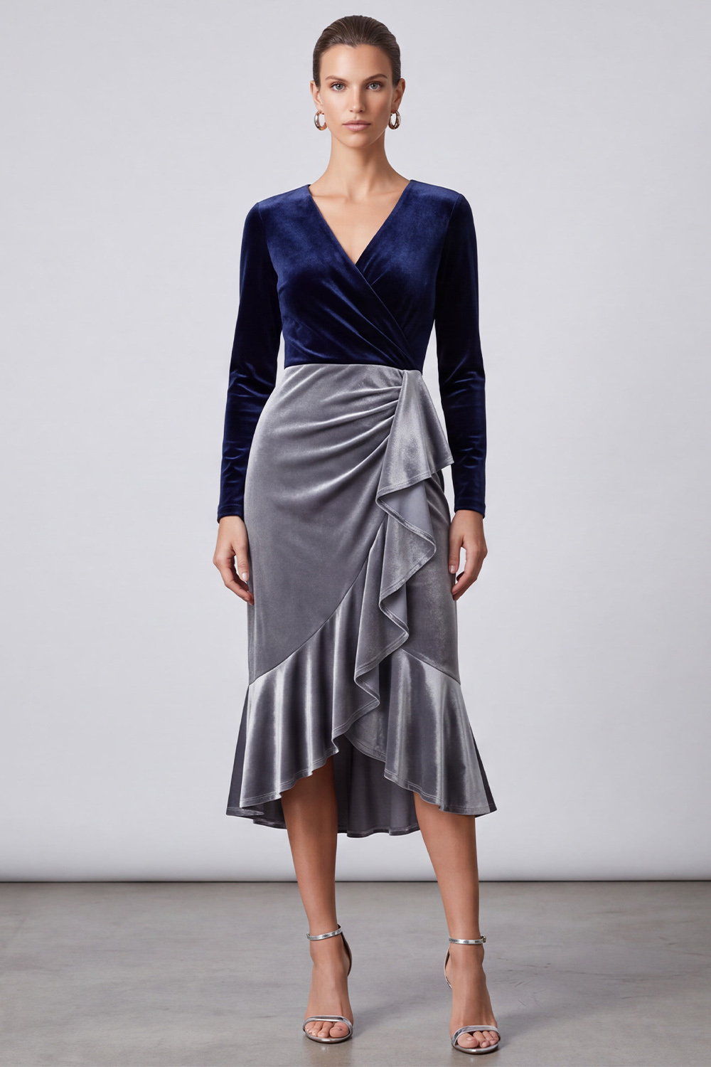 Ruffled Navy and Grey Sheath Velvet Ruched V-Neck High-Low Work Dress