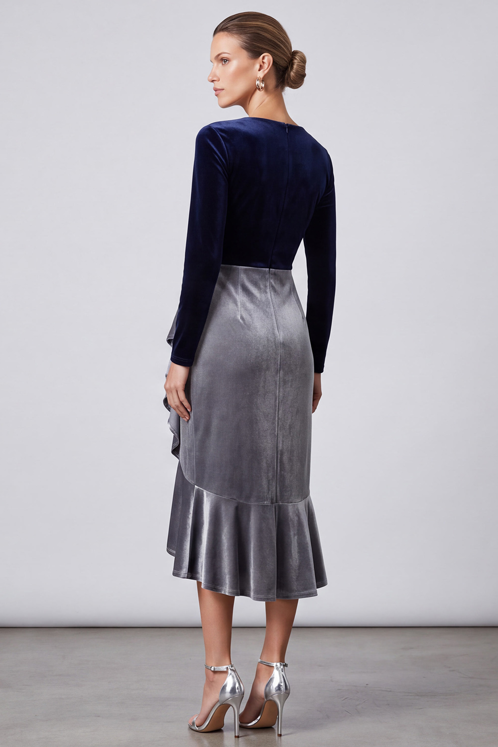 Ruffled Navy and Grey Sheath Velvet Ruched V-Neck High-Low Work Dress