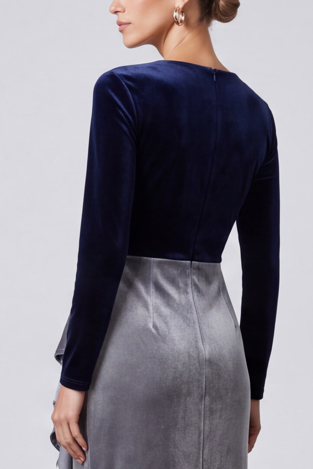 Ruffled Navy and Grey Sheath Velvet Ruched V-Neck High-Low Work Dress
