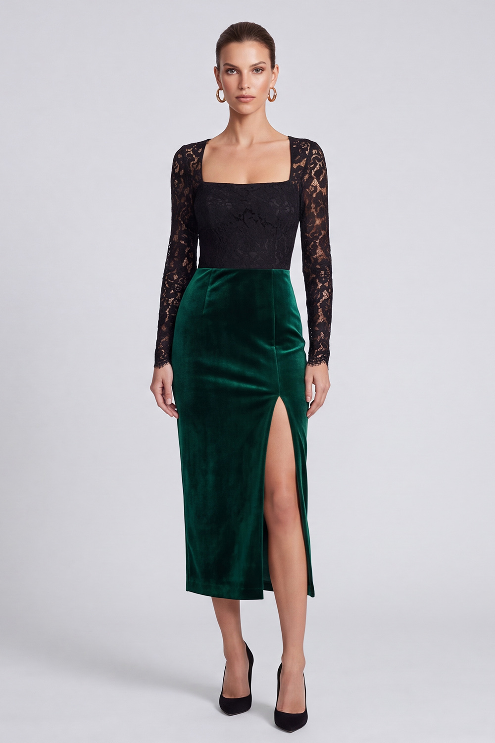 Sheath Black and Dark Green Velvet Square Neck Lace Midi Work Dress with Slit
