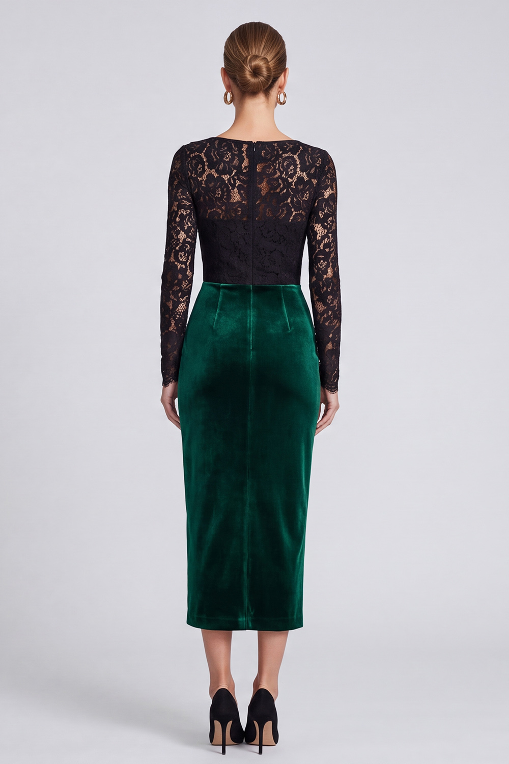 Sheath Black and Dark Green Velvet Square Neck Lace Midi Work Dress with Slit