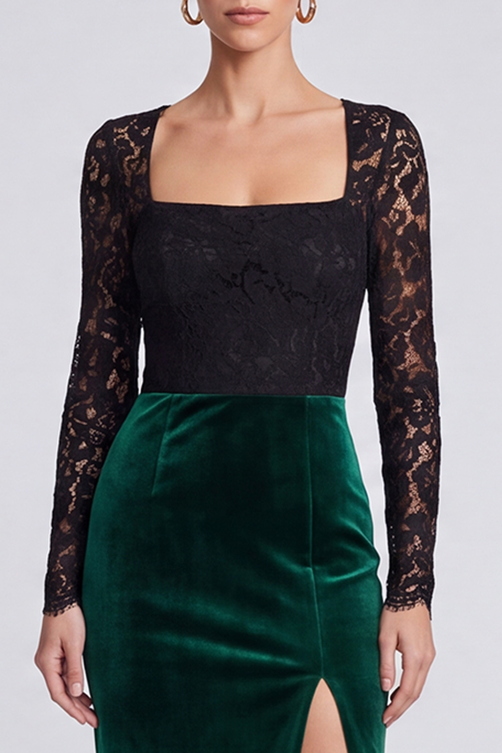 Sheath Black and Dark Green Velvet Square Neck Lace Midi Work Dress with Slit