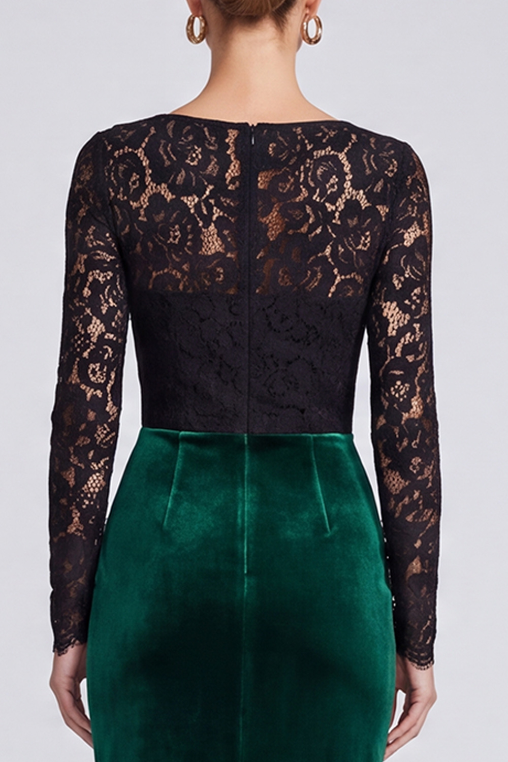 Sheath Black and Dark Green Velvet Square Neck Lace Midi Work Dress with Slit