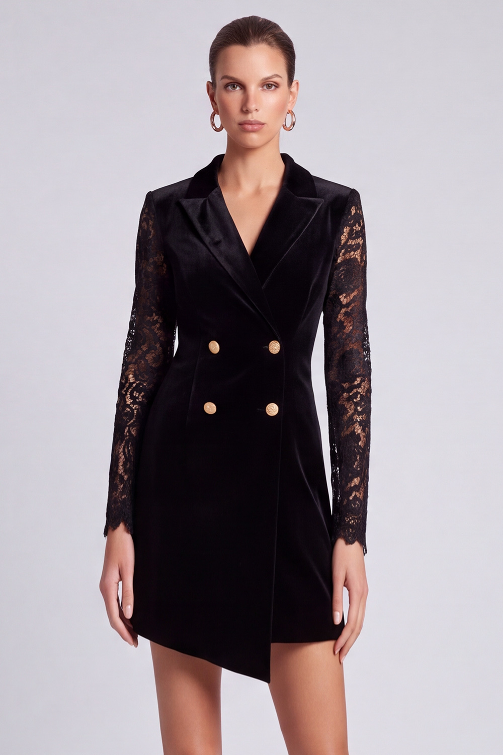 Sheath Black Peak Lapel Short Asymmetrical Work Dress with Lace