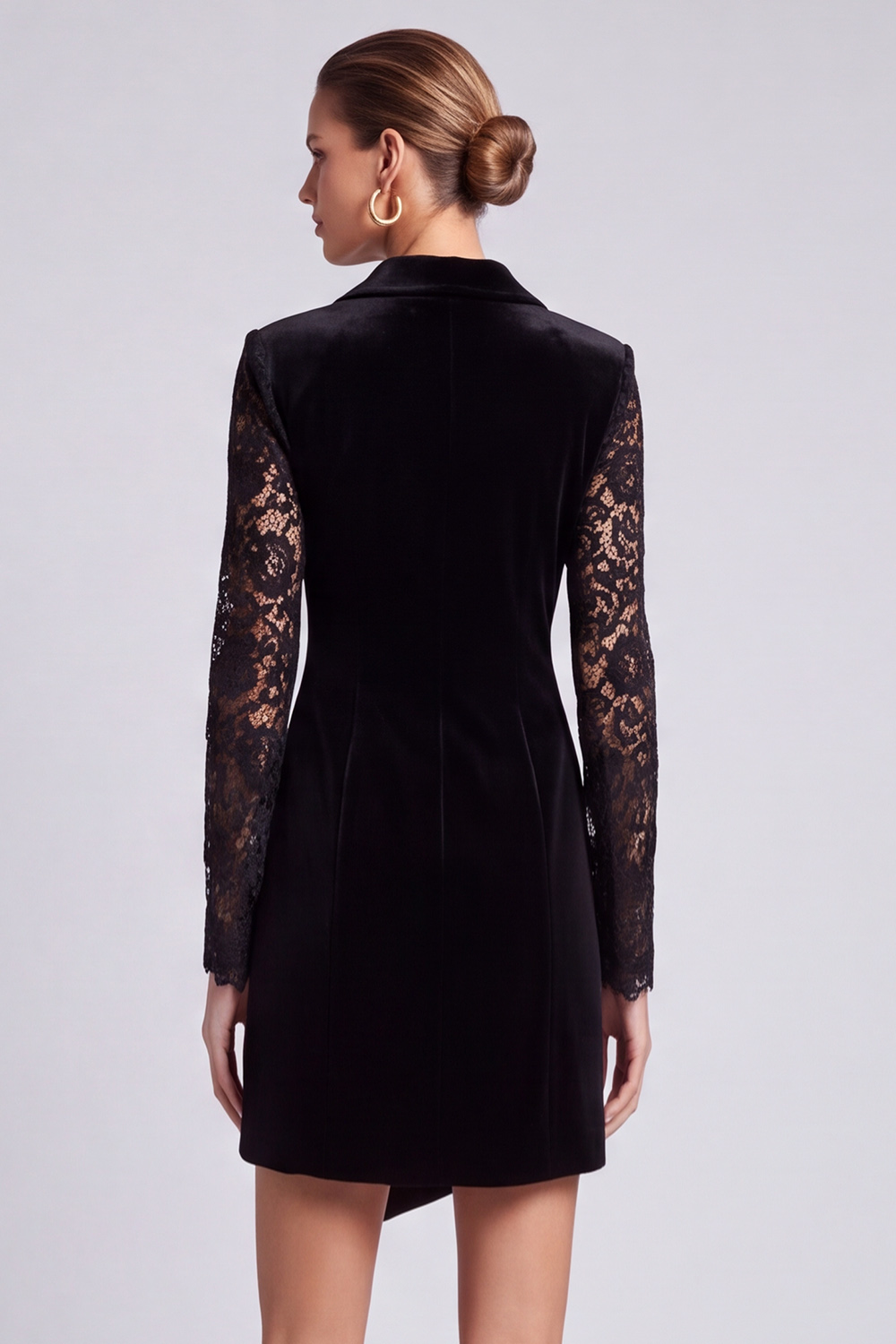 Sheath Black Peak Lapel Short Asymmetrical Work Dress with Lace
