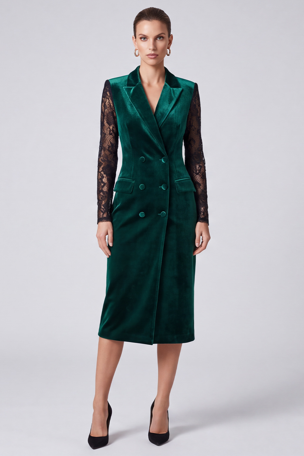 Velvet Dark Green Sheath Peak Lapel Midi Work Dress with Lace