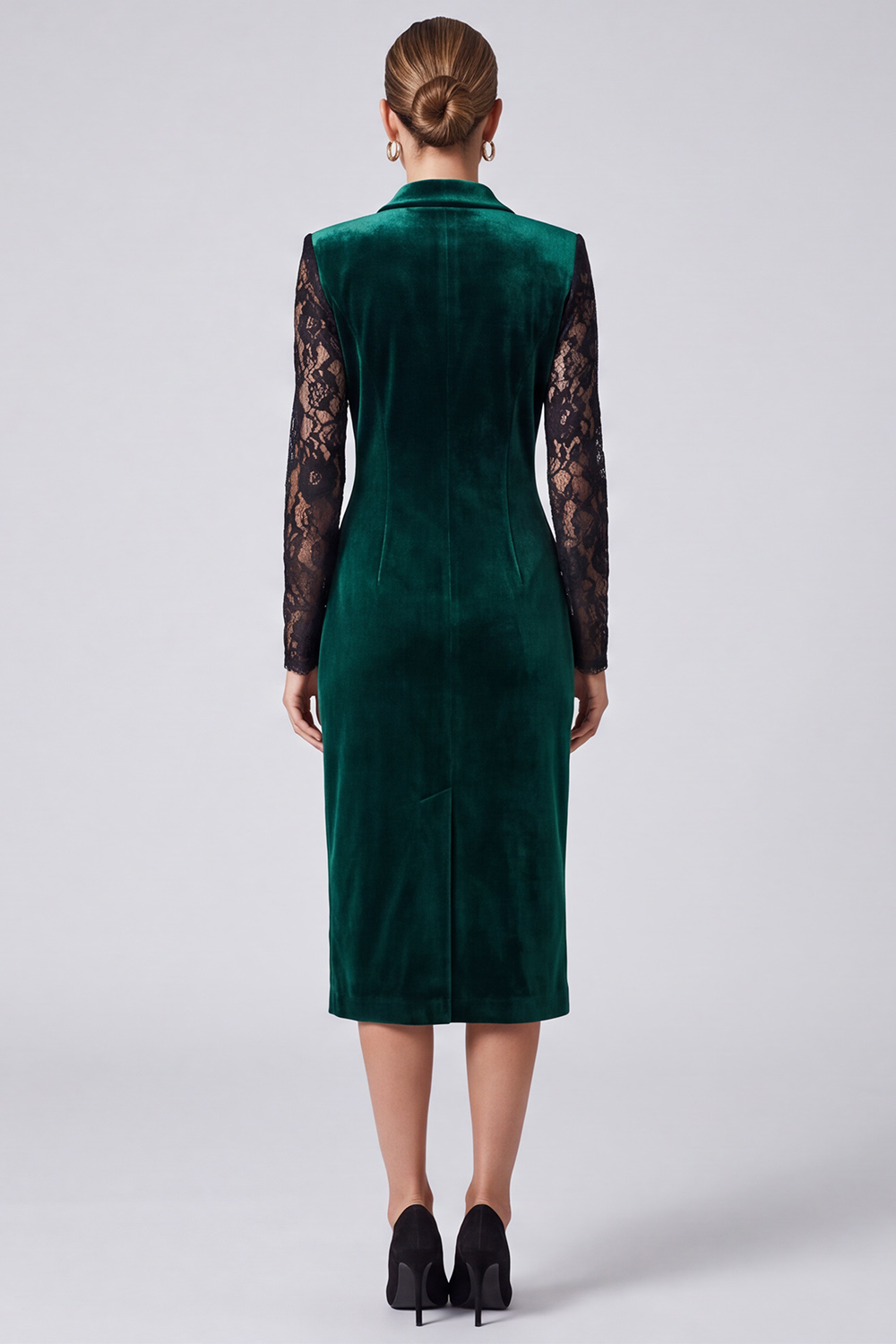 Velvet Dark Green Sheath Peak Lapel Midi Work Dress with Lace