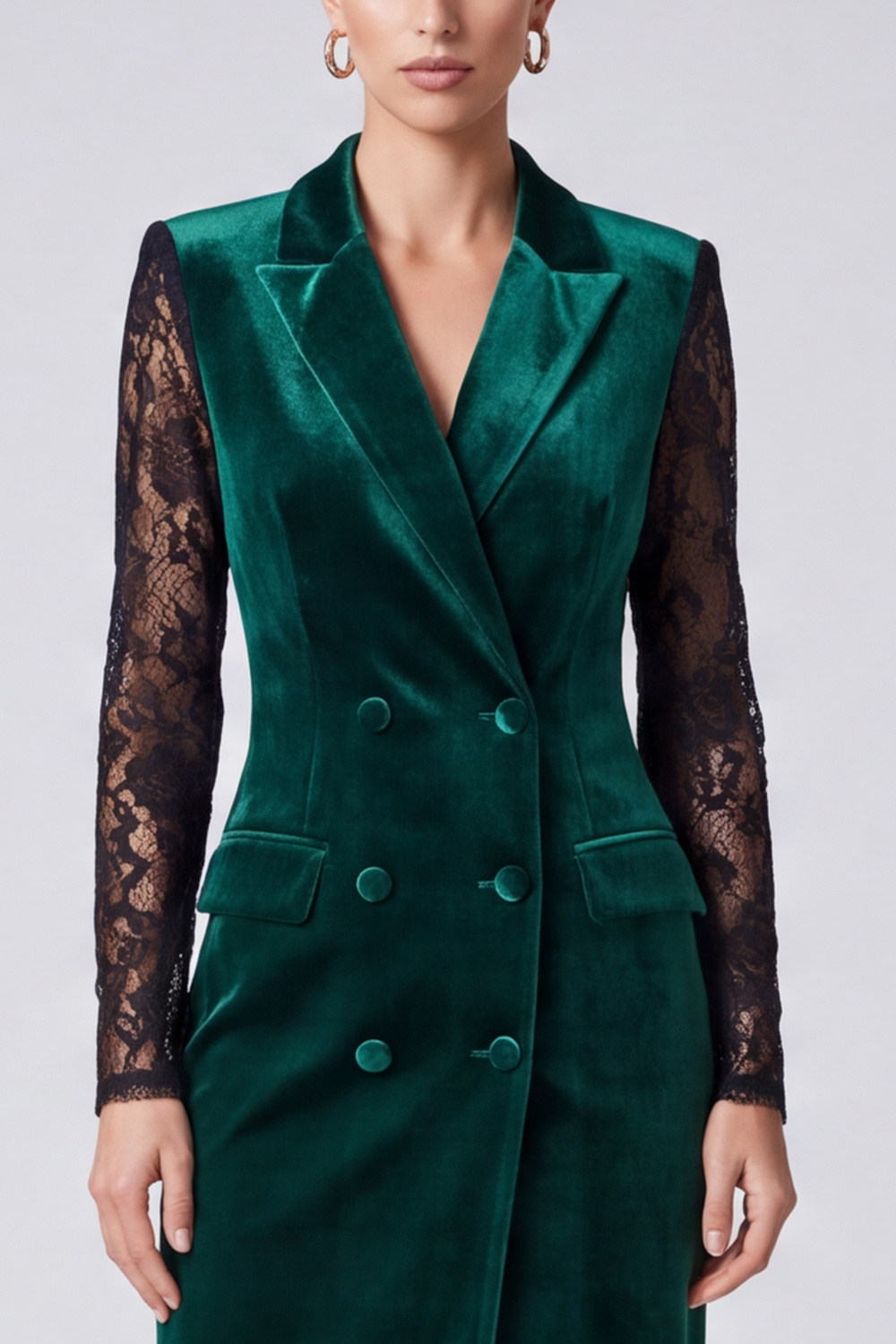 Velvet Dark Green Sheath Peak Lapel Midi Work Dress with Lace